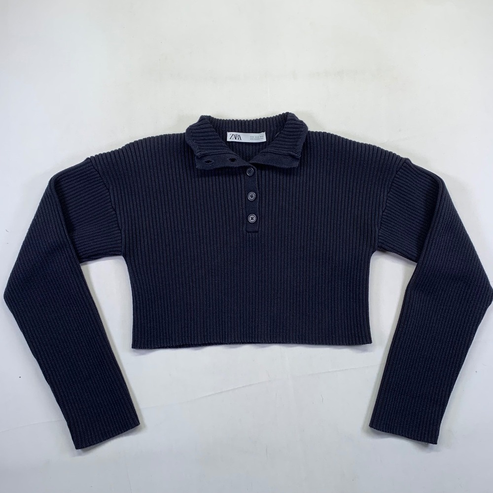 ZARA Ribbed Knit Crop Top Womens Small Henley Collared Pullover Sweater